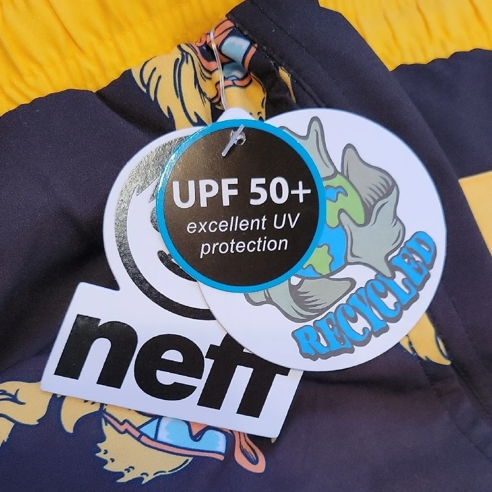 Neff Fired Up Duck Black Swim Trunks Size 8 Medium UPF 50 New With Tags